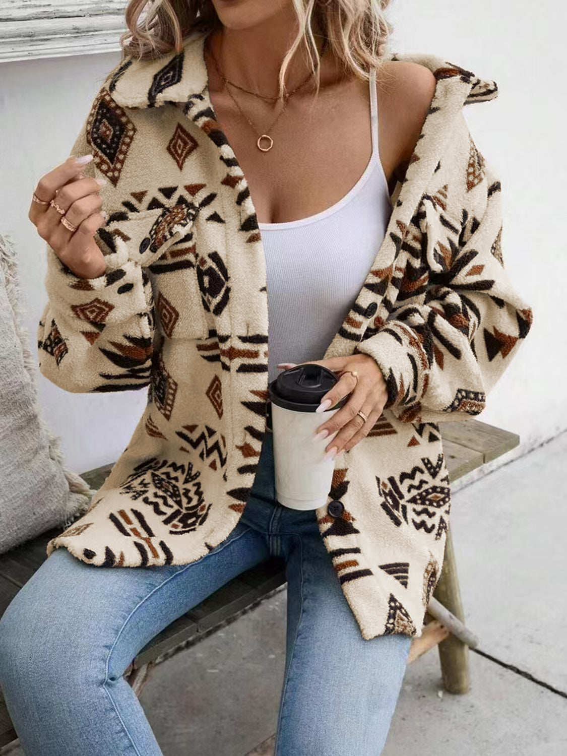 Geometric Button Up Dropped Shoulder Jacket-Angel Casuals