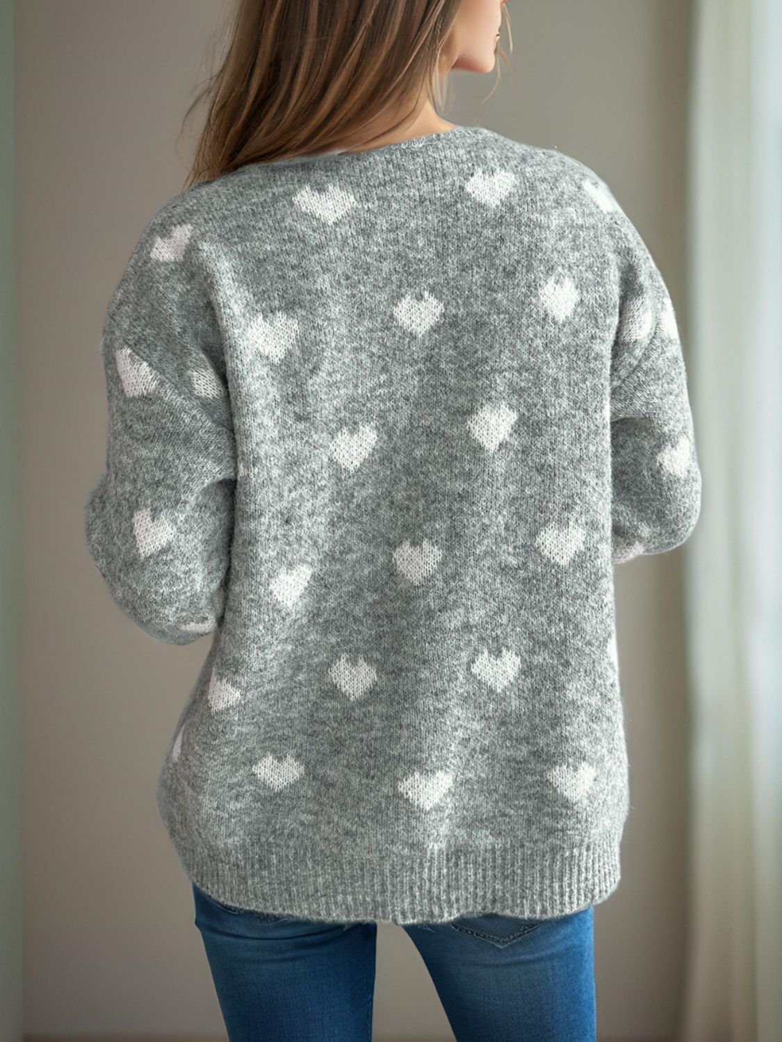 Heart Round Neck Long Sleeve Sweater-Angel Casuals