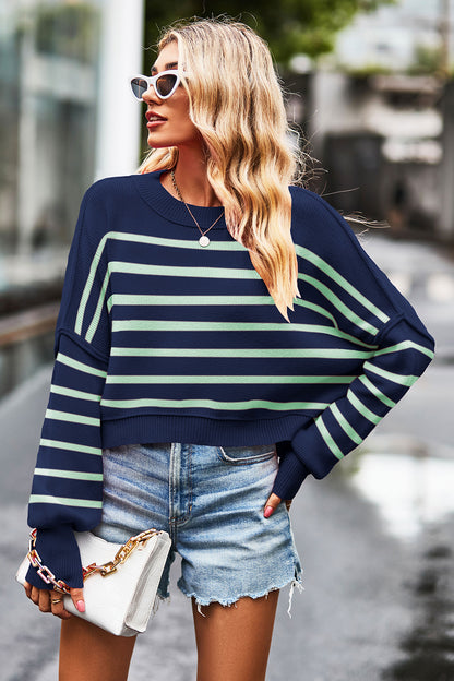 Striped Round Neck Drop Shoulder Slit Sweater-Angel Casuals