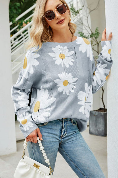 Angel Wings Daisy Print Openwork Round Neck Sweater-Angel Casuals