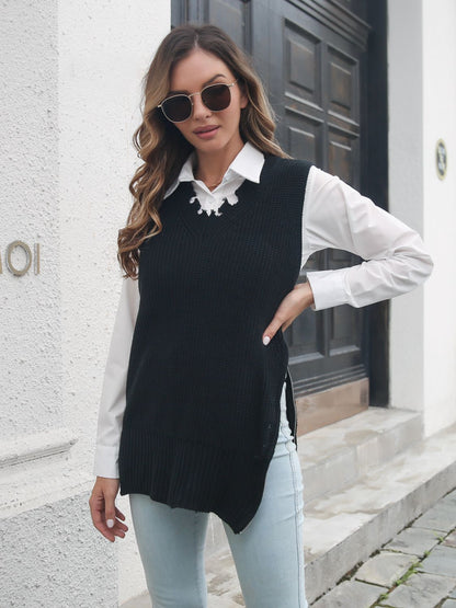 Frayed Hem Slit Sweater Vest-Angel Casuals