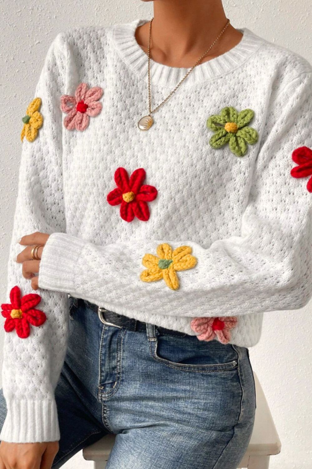 Crochet Flower Round Neck Long Sleeve Sweater-Angel Casuals