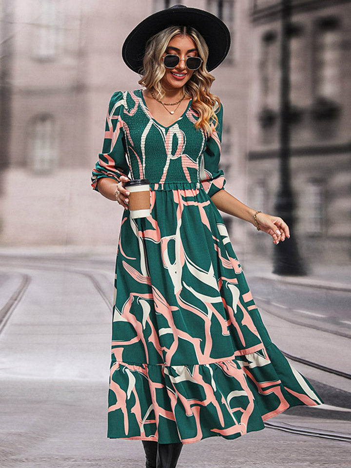 Printed Smocked V-Neck Three-Quarter Sleeve Midi Dress-Angel Casuals