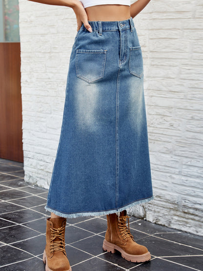 Raw Hem Buttoned Denim Skirt with Pockets-Angel Casuals