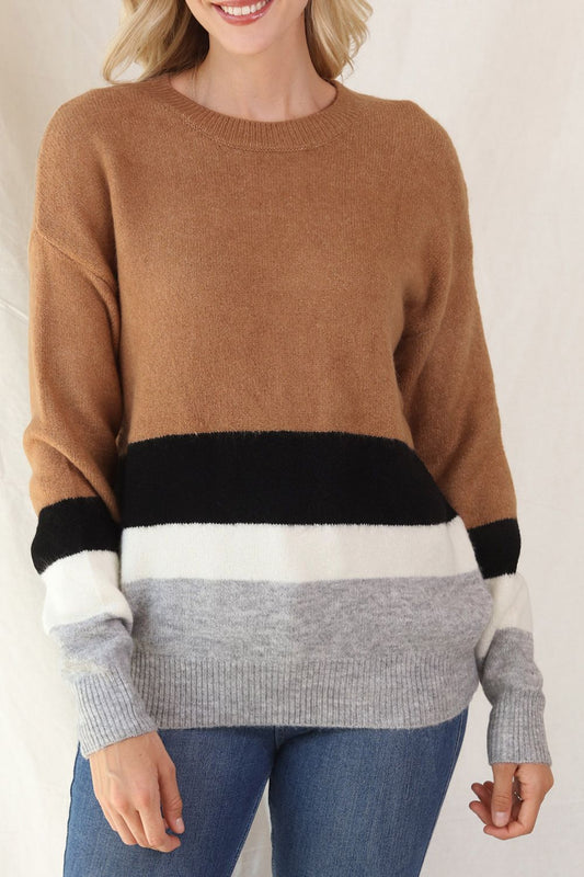 Color Block Round Neck Dropped Shoulder Sweater-Angel Casuals