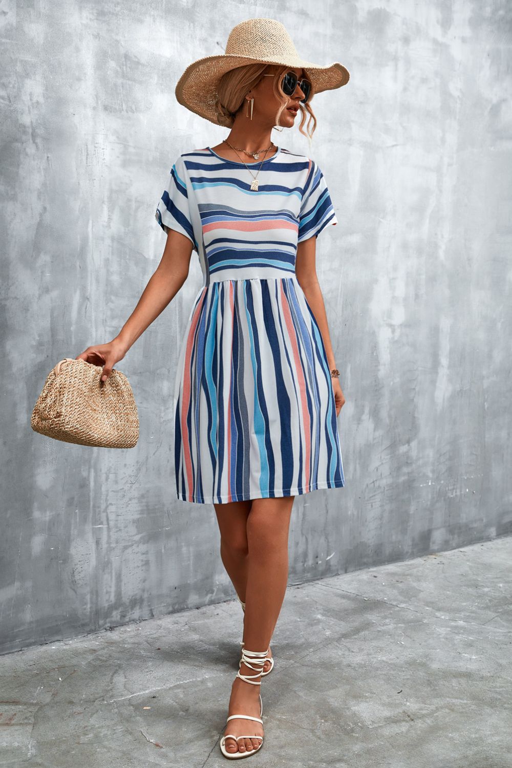 Striped Round Neck Dress-Angel Casuals