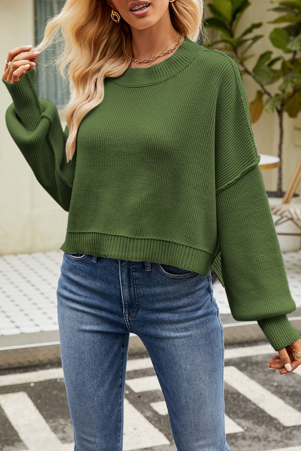 Round Neck Dropped Shoulder Sweater-Angel Casuals