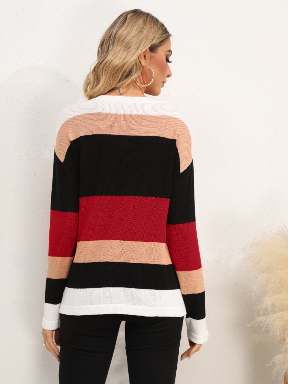 Striped Round Neck Dropped Shoulder Sweater-Angel Casuals