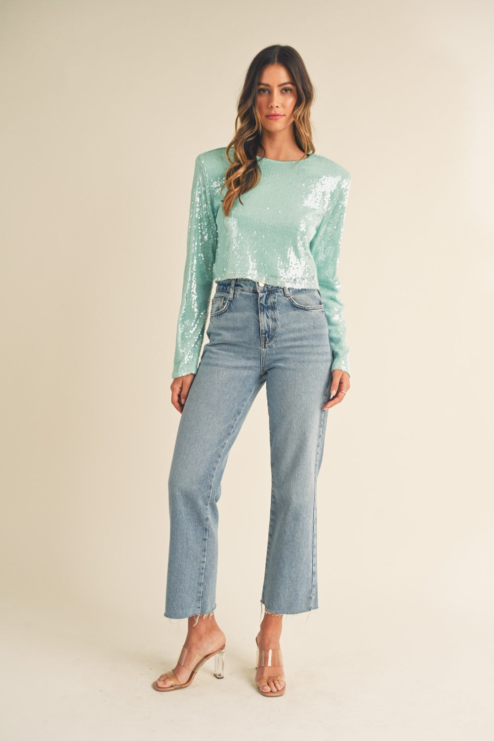 MABLE Shoulder Padded Sequin Crop Top-Angel Casuals