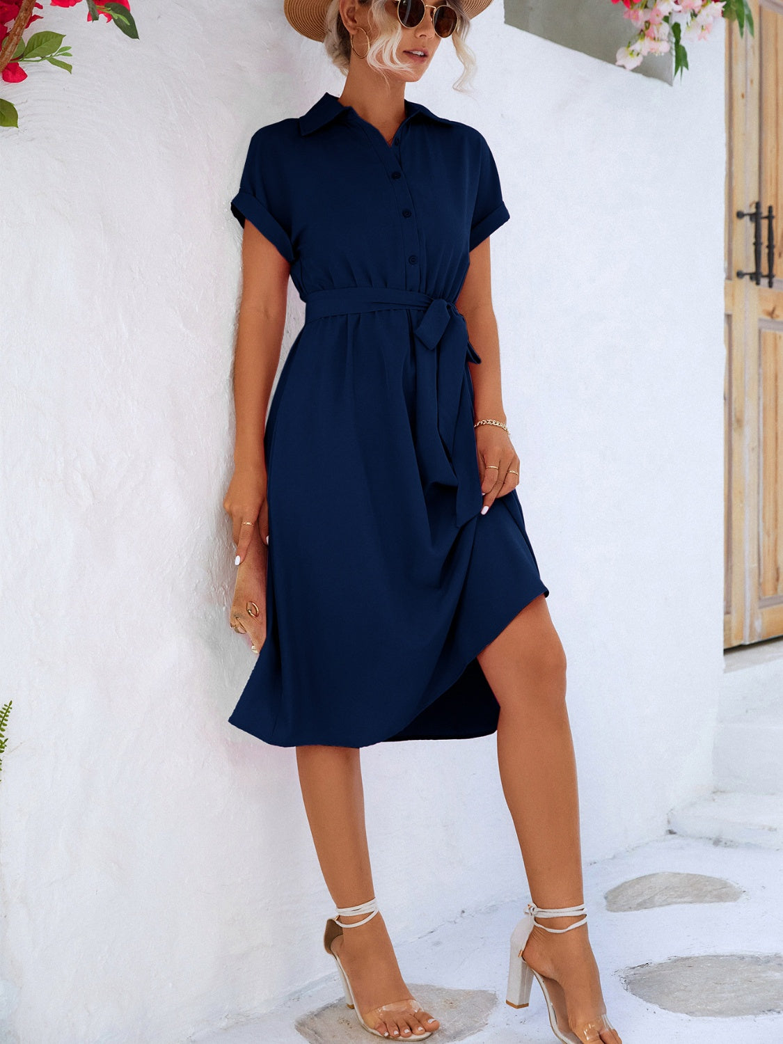 Buttoned Tie Waist Short Sleeve Dress-Angel Casuals