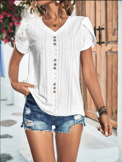 Eyelet V-Neck Petal Sleeve T-Shirt-Angel Casuals