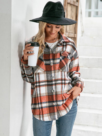 Meet You Outside Plaid Button Down Curved Hem Shacket-Angel Casuals