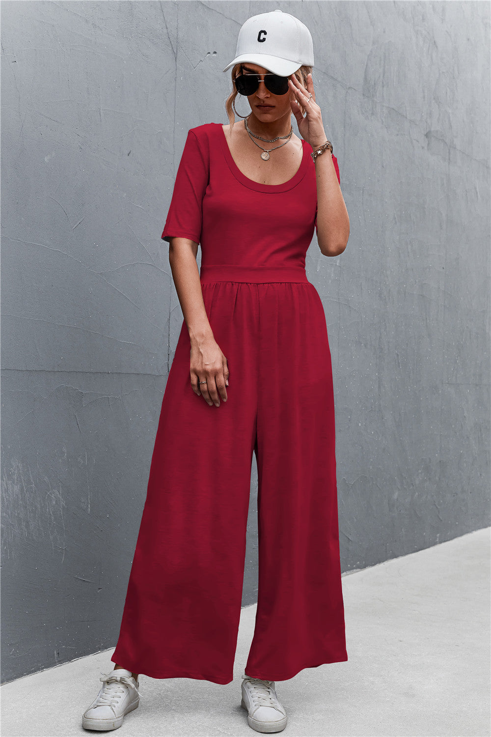 Scoop Neck Half Sleeve Wide Leg Jumpsuit-Angel Casuals