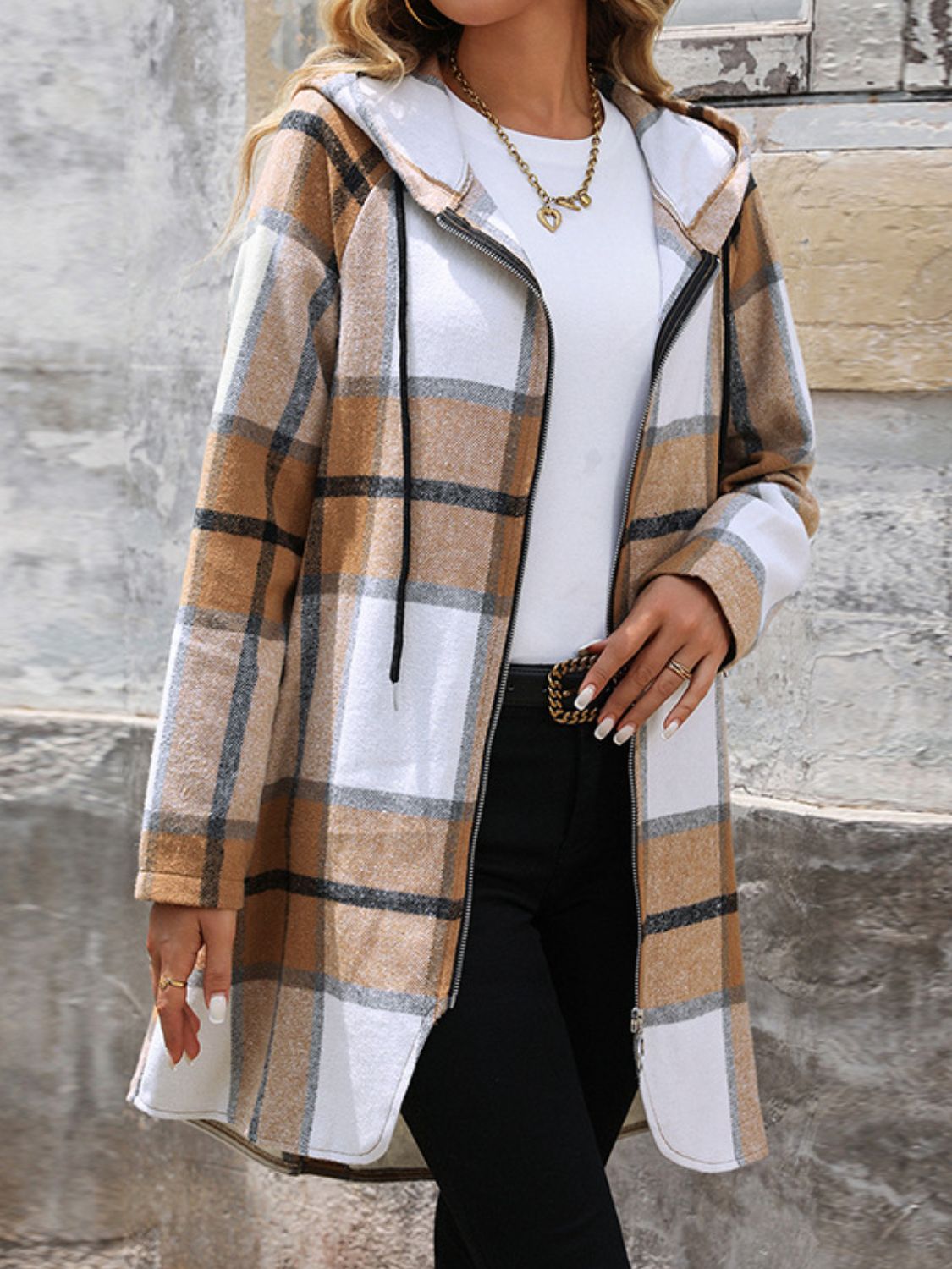 Drawstring Plaid Zip Up Long Sleeve Hooded Outerwear-Angel Casuals