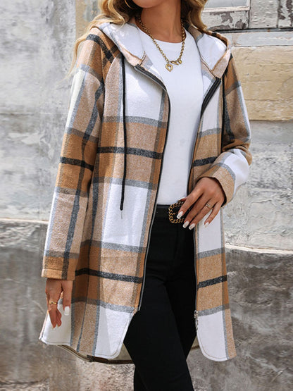 Drawstring Plaid Zip Up Long Sleeve Hooded Outerwear-Angel Casuals