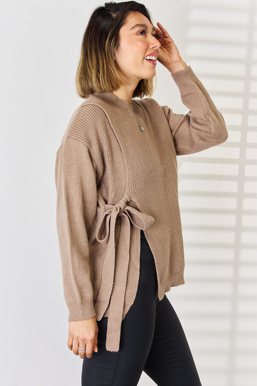 Slit Tied Dropped Shoulder Sweater-Angel Casuals