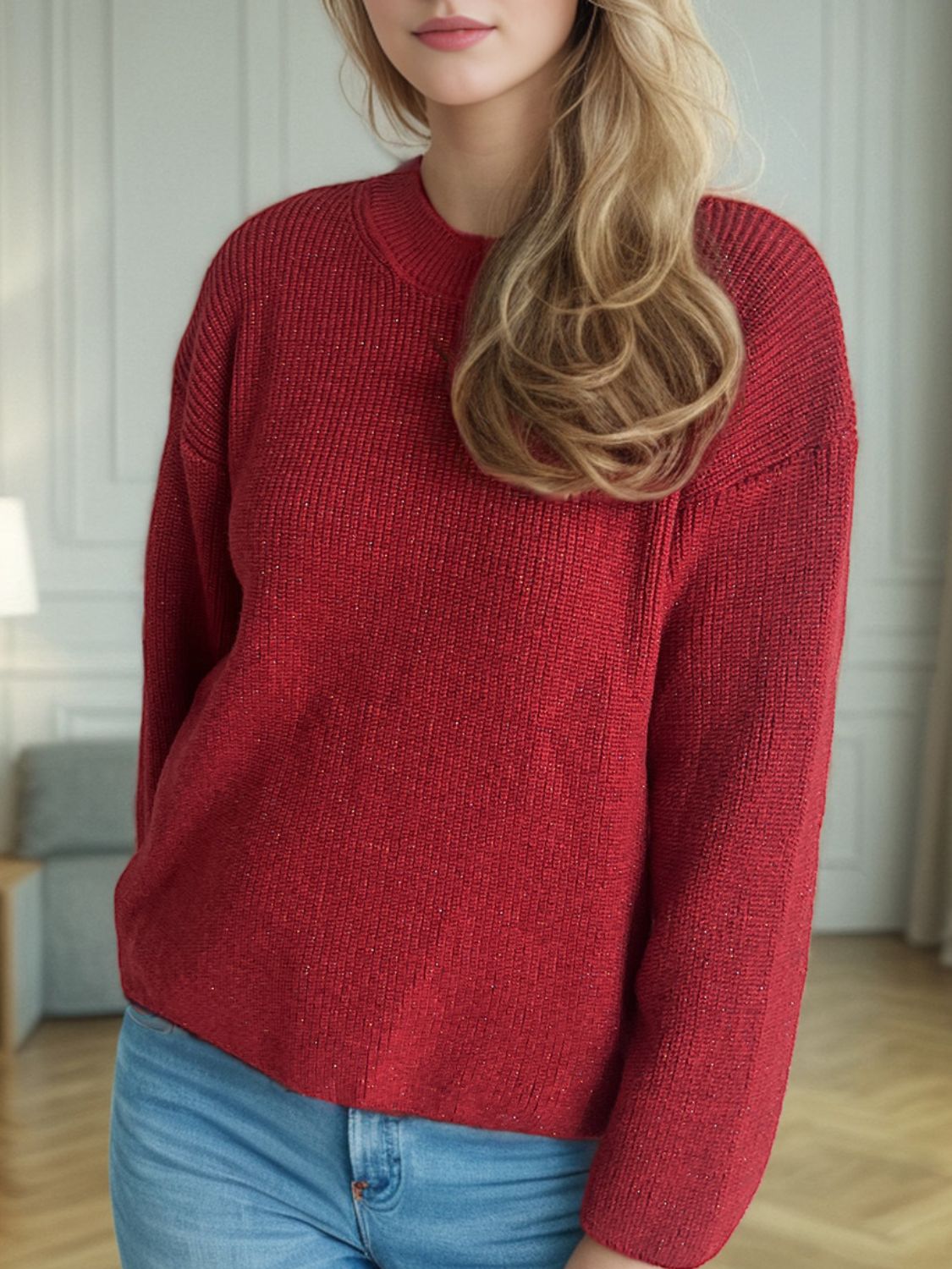 Solid Color Round Neck Long Sleeve Sweater-Angel Casuals