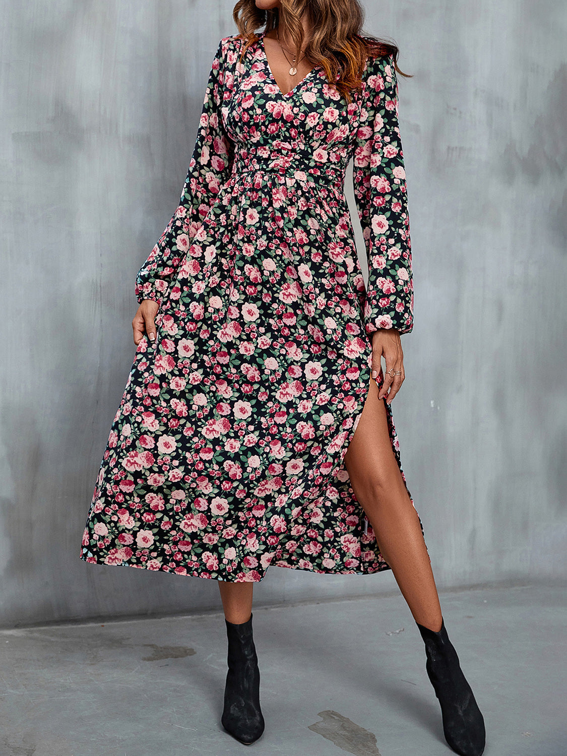 Floral V-Neck Slit Midi Dress-Angel Casuals