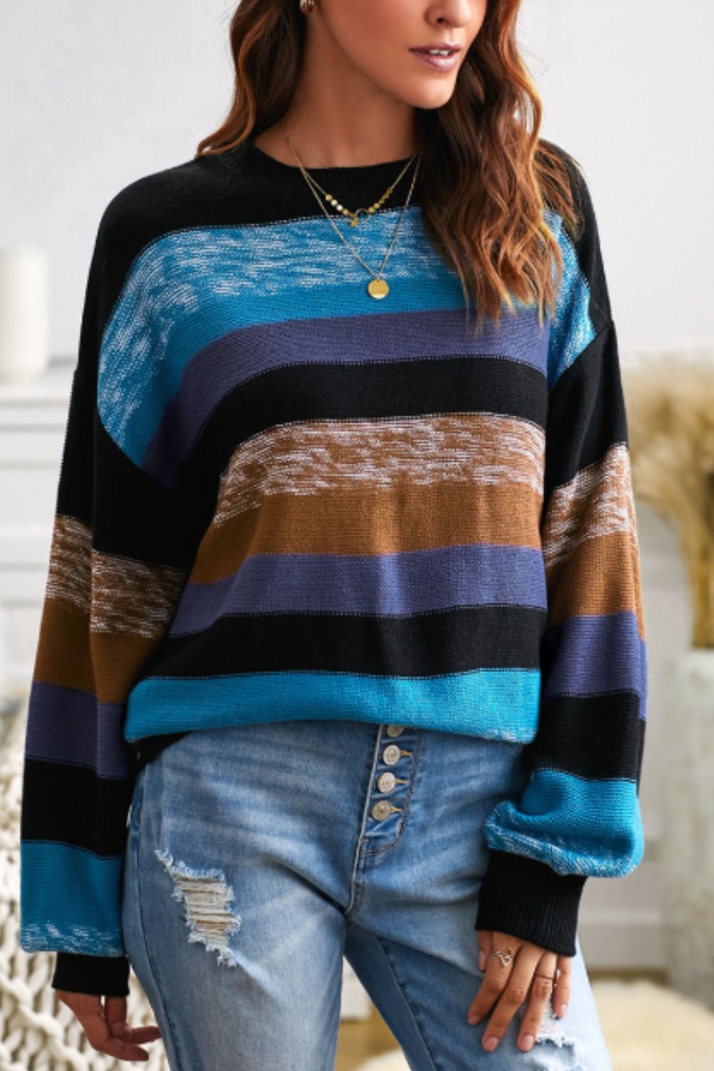 Contrast Striped Round Neck Drop Shoulder Sweater-Angel Casuals