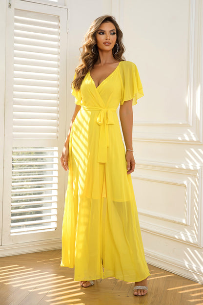 Tie Waist Flutter Sleeve Maxi Dress-Angel Casuals