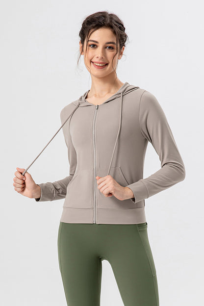 Drawstring Zip Up Hooded Active Outerwear-Angel Casuals