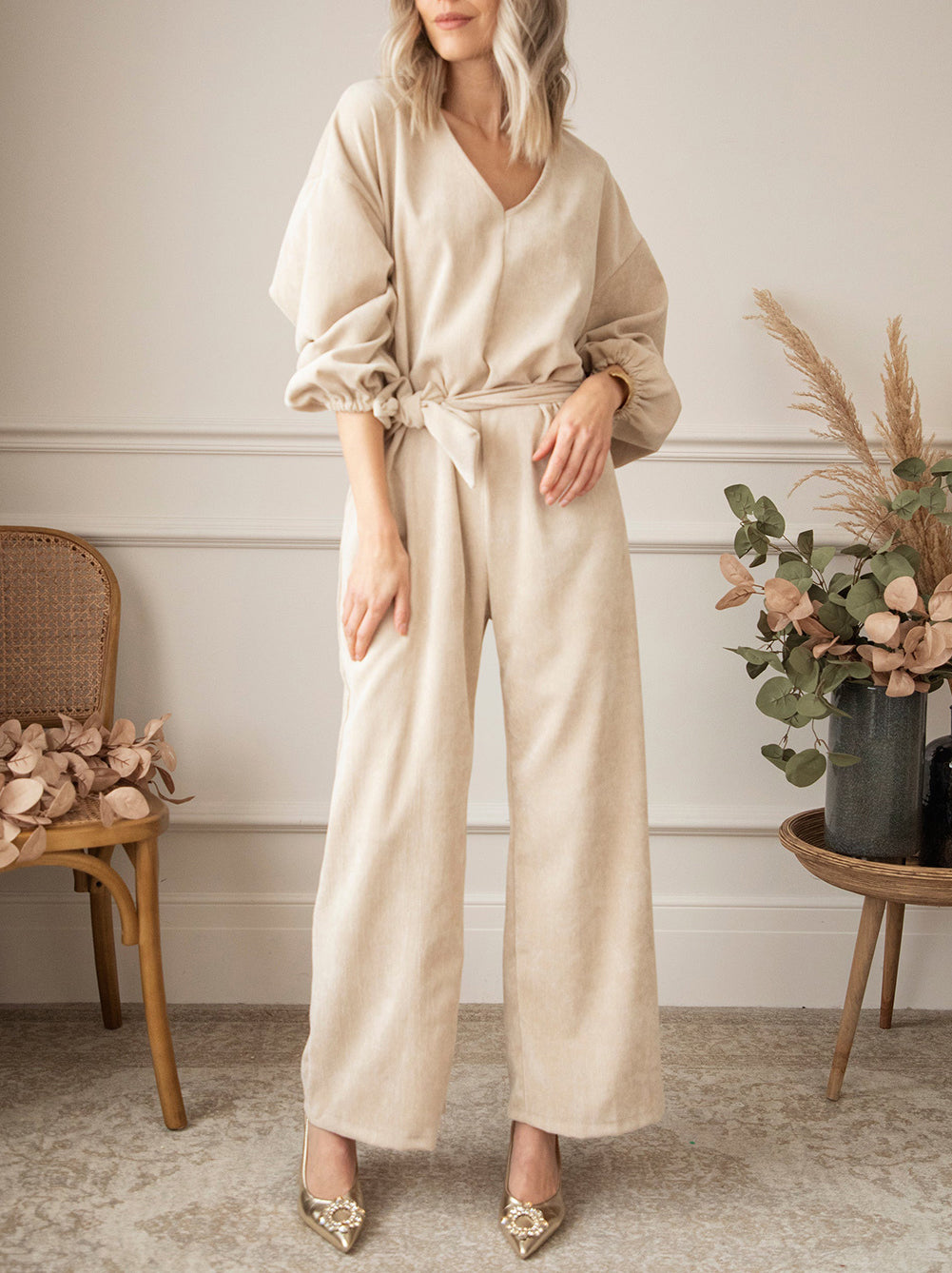 V-Neck Tie Waist Wide Leg Jumpsuit-Angel Casuals