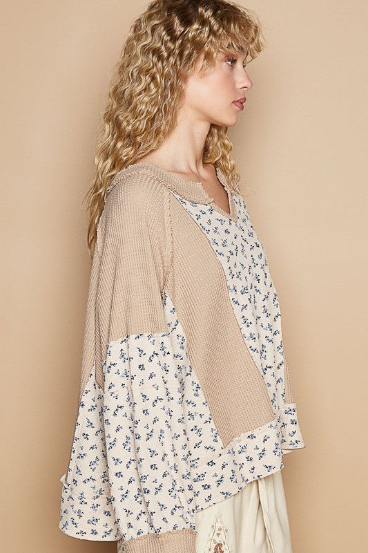 POL Waffle Knit Floral Notched Long Sleeve Top-Angel Casuals