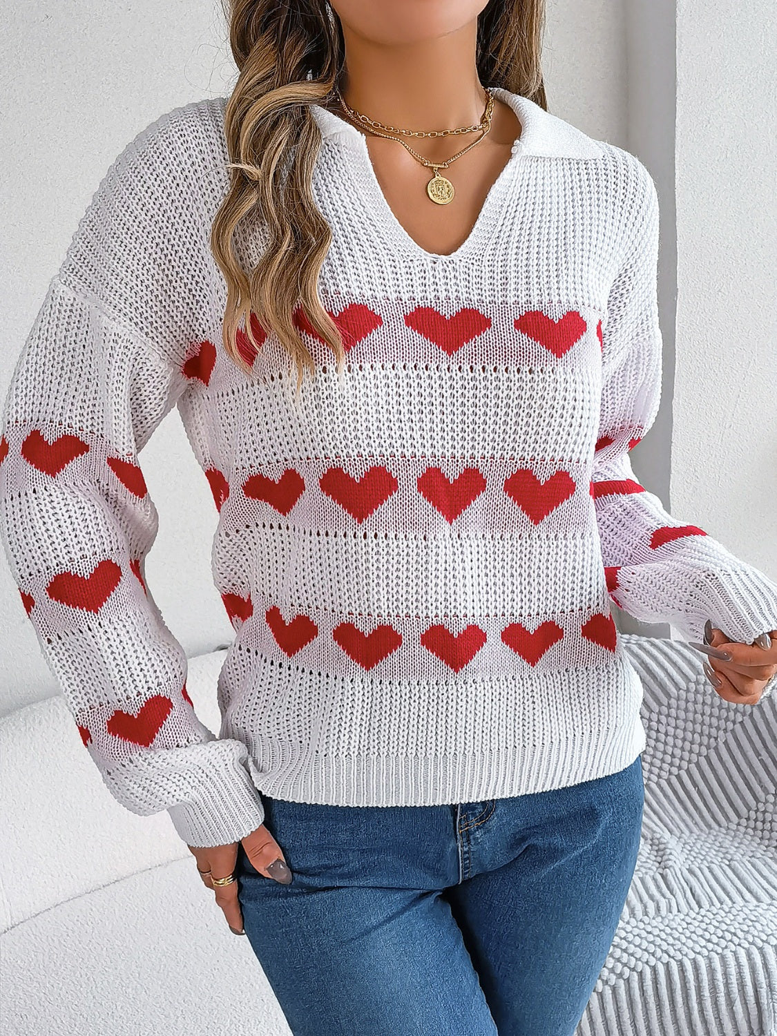 Heart Johnny Collar Long Sleeve Sweater-Angel Casuals