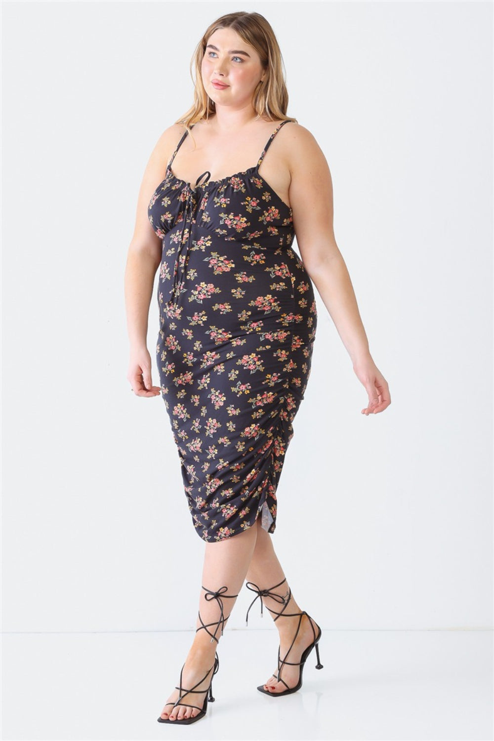 Blue Leopard Plus Size Ruched Floral Square Neck Cami Dress-Angel Casuals