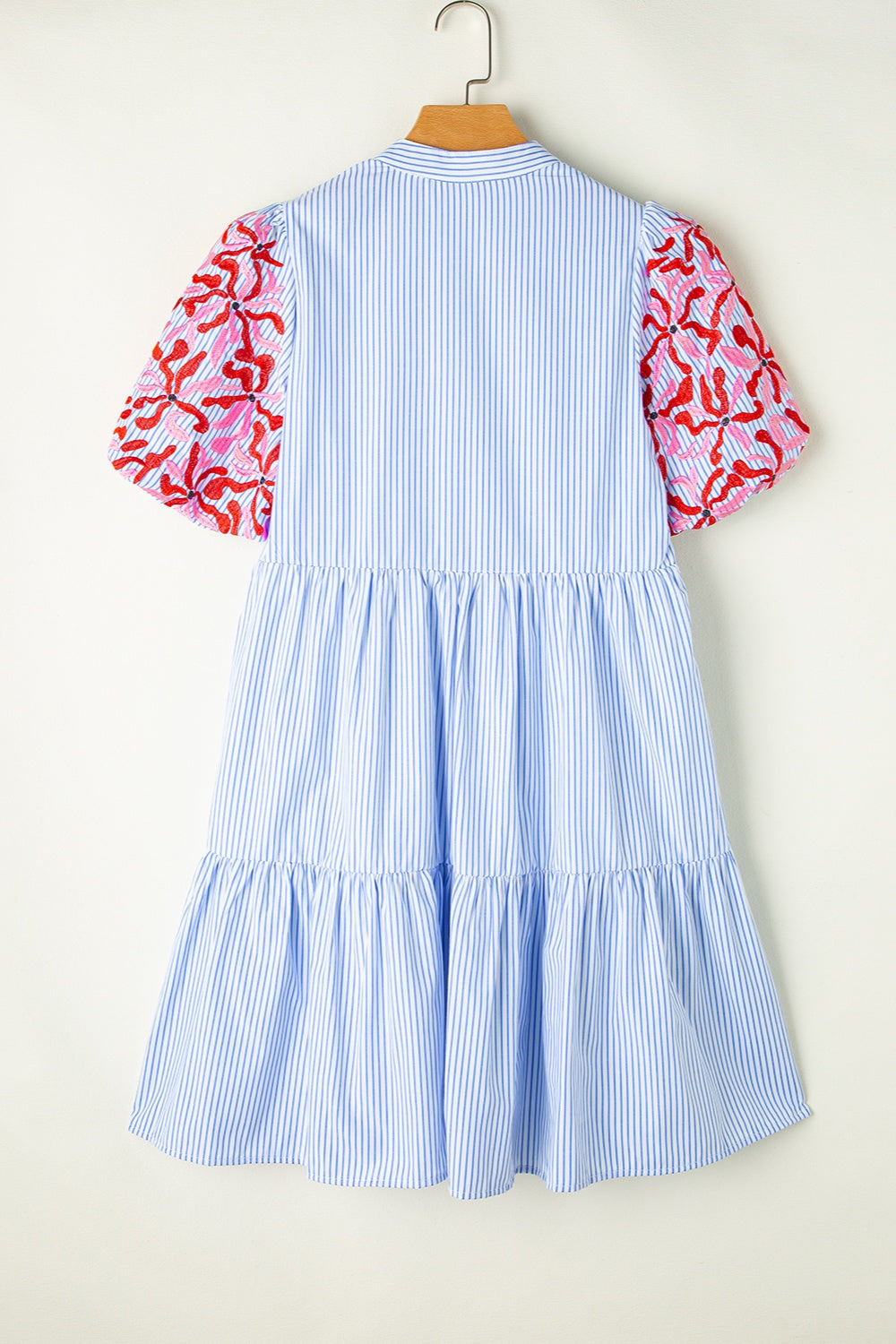 Embroidered Striped Notched Short Sleeve Dress-Angel Casuals