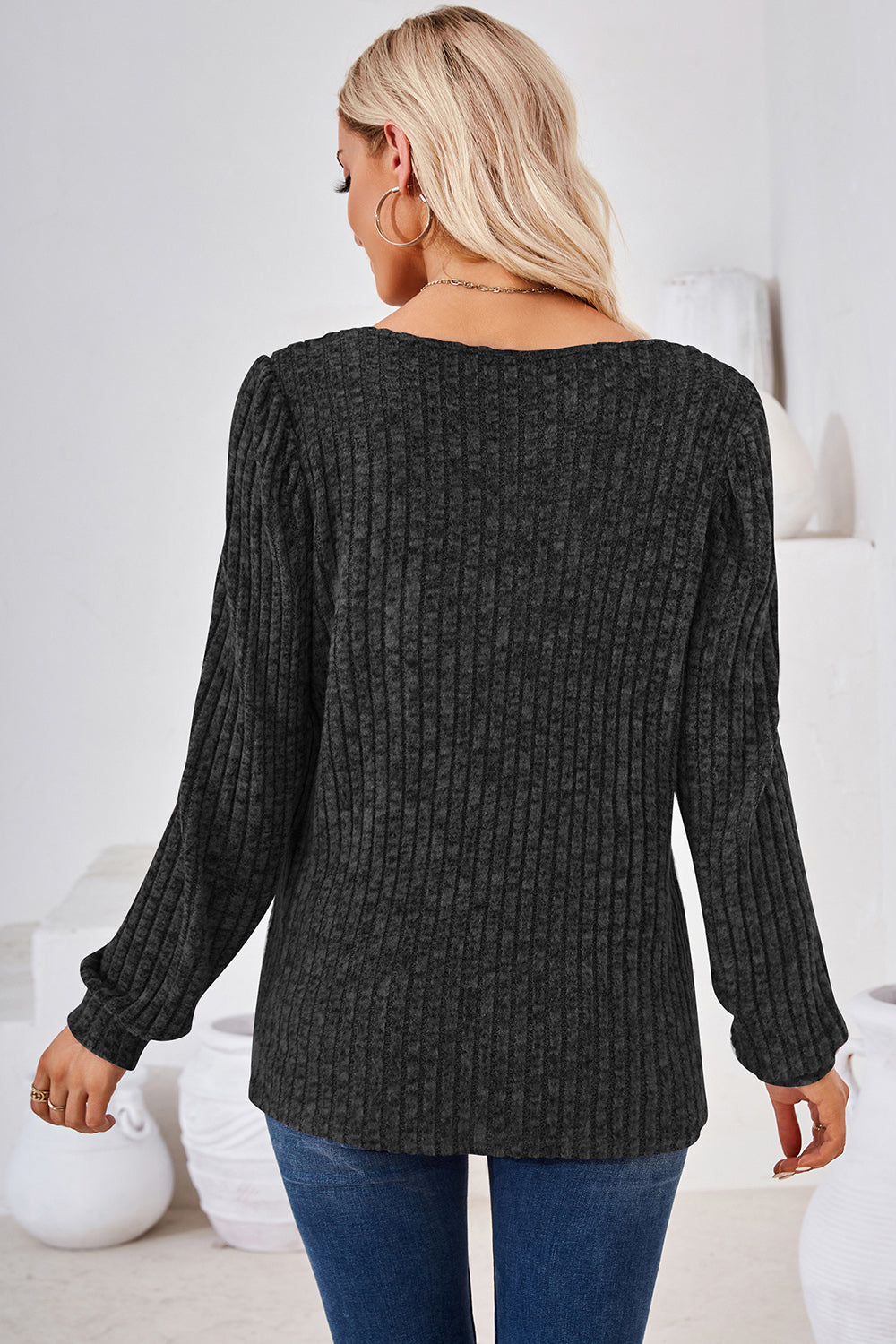 Ribbed Square Neck Long Sleeve T-Shirt-Angel Casuals