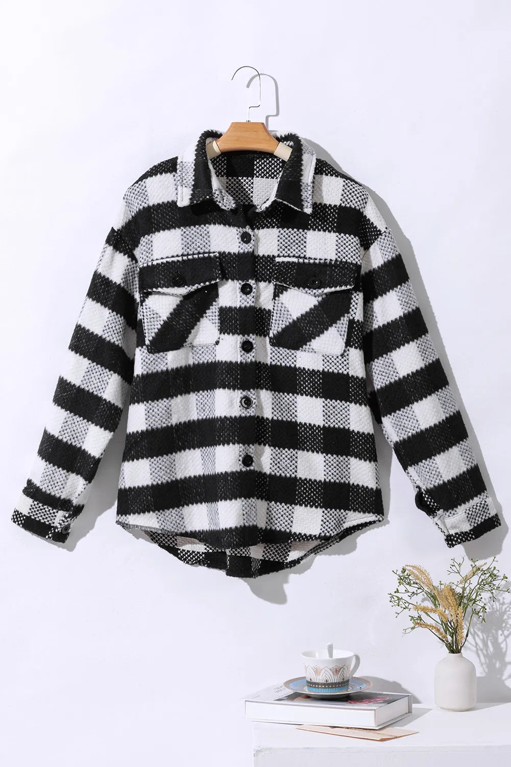 Plaid Button Up Long Sleeve Jacket-Angel Casuals