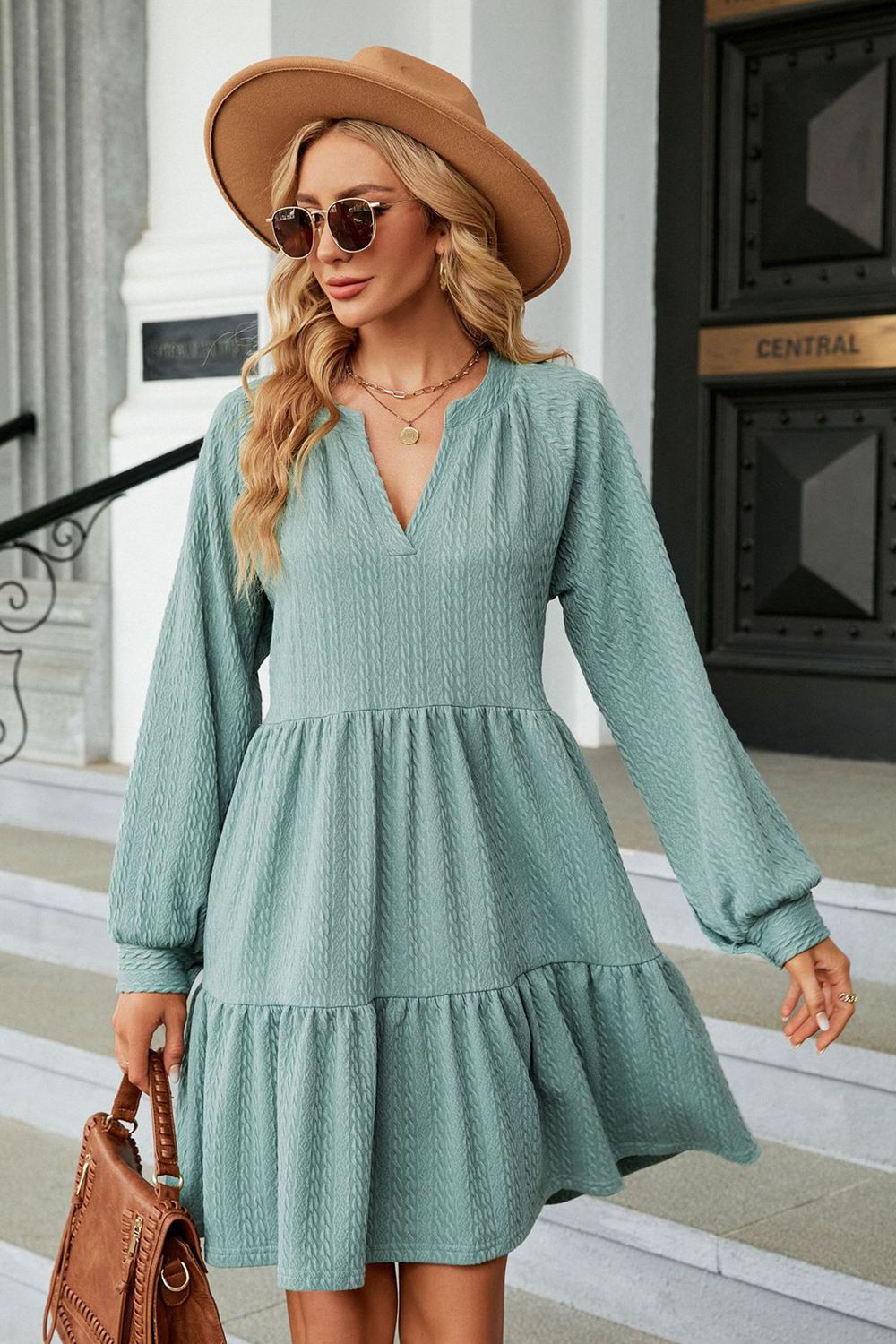 Notched Neck Long Sleeve Mini Dress-Angel Casuals