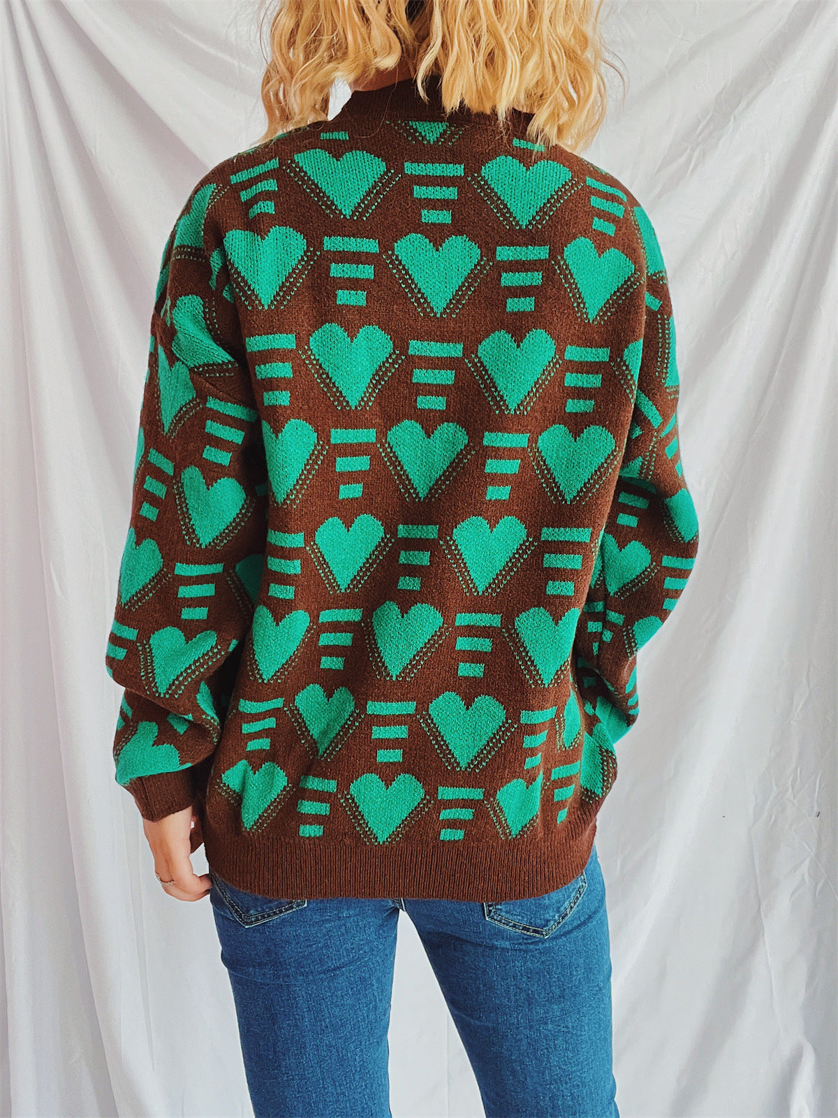 Heart Contrast Long Sleeve Dropped Shoulder Sweater-Angel Casuals