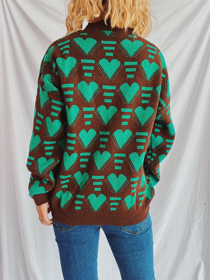 Heart Contrast Long Sleeve Dropped Shoulder Sweater-Angel Casuals