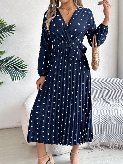 Tied Polka Dot Long Sleeve Midi Dress-Angel Casuals