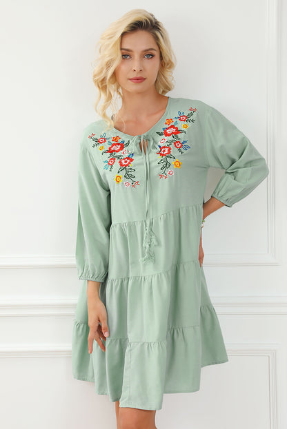 Embroidered Tie Neck Dropped Shoulder Mini Dress-Angel Casuals