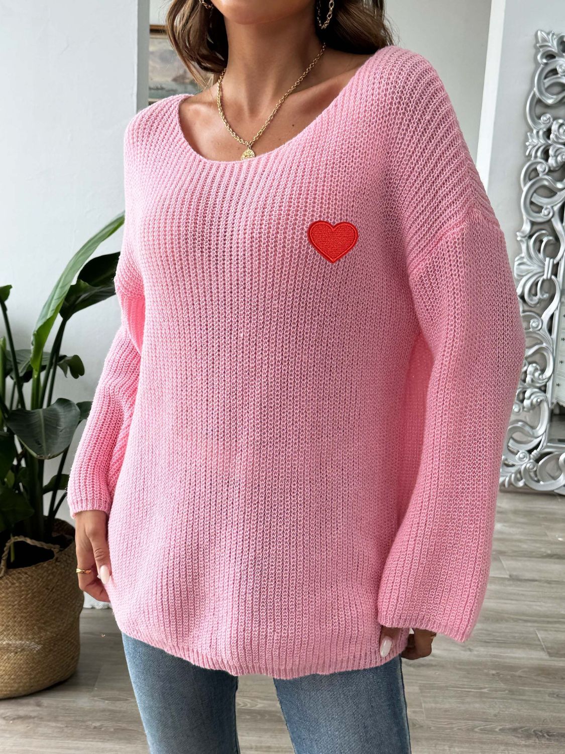 Heart Boat Neck Dropped Shoulder Sweater-Angel Casuals