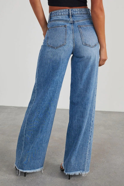 Raw Hem Wide Leg Jeans with Pockets-Angel Casuals