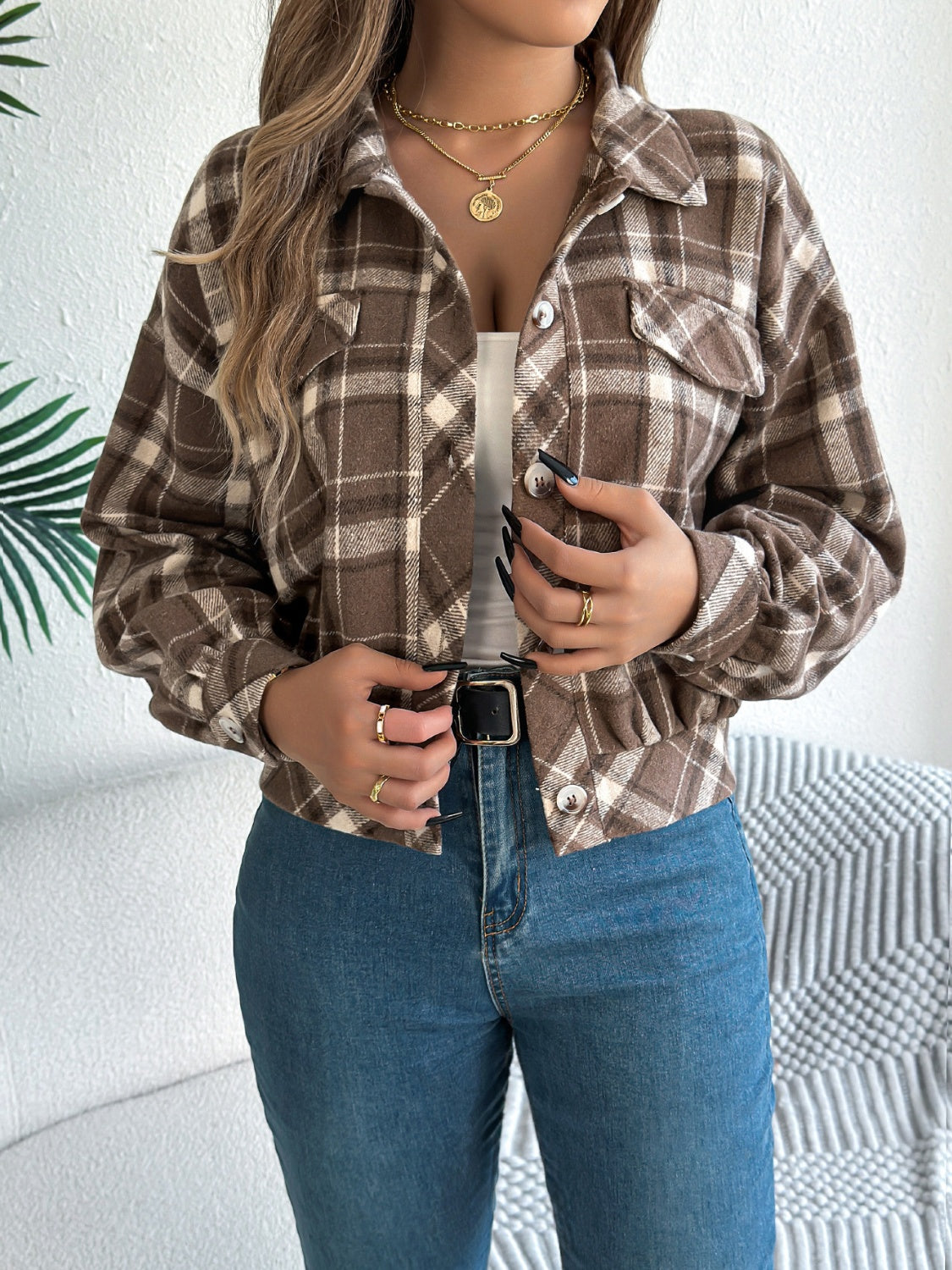 Plaid Button Up Long Sleeve Jacket-Angel Casuals