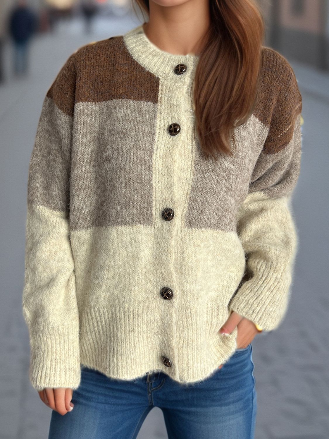 Color Block Round Neck Button Up Cardigan-Angel Casuals