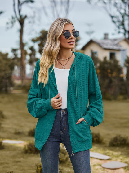 Zip Up Drawstring Long Sleeve Hooded Jacket-Angel Casuals