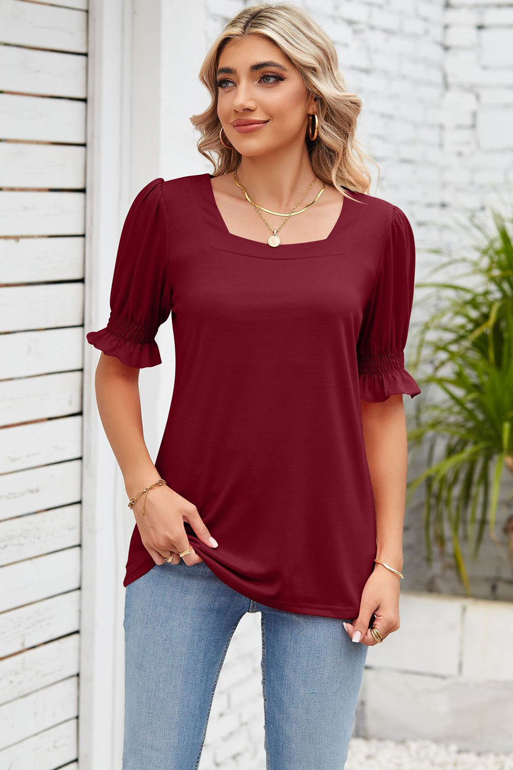 Smocked Square Neck Short Sleeve T-Shirt-Angel Casuals