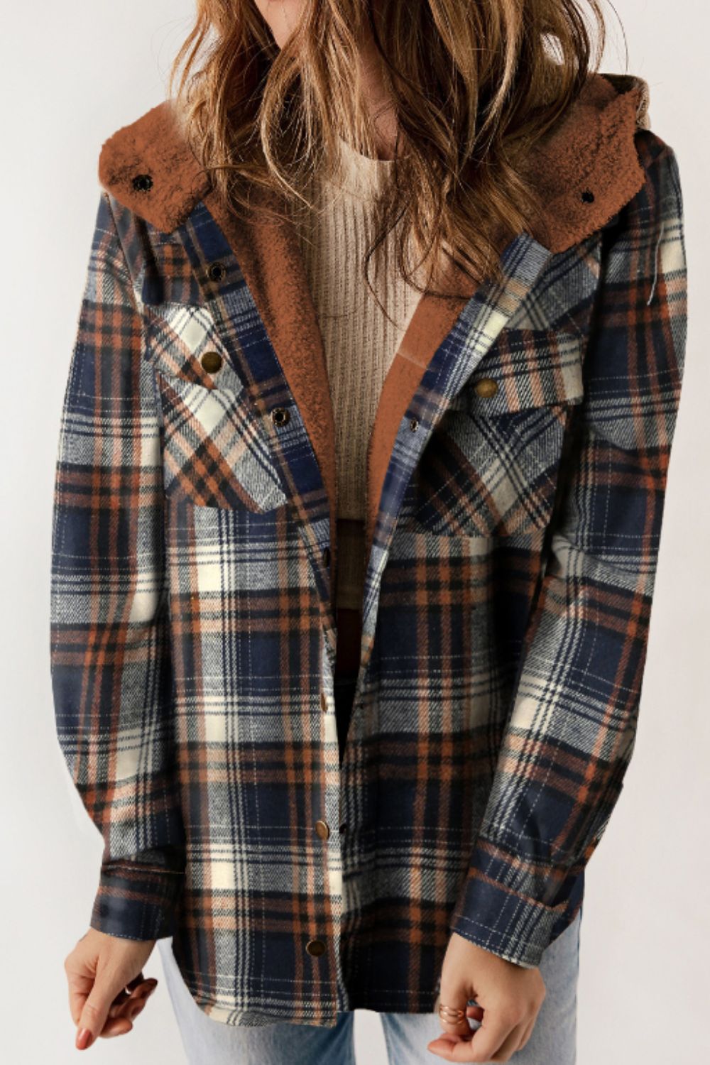 Plaid Button Up Long Sleeve Hooded Jacket-Angel Casuals