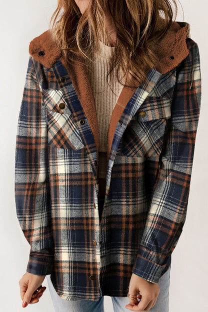 Plaid Button Up Long Sleeve Hooded Jacket-Angel Casuals