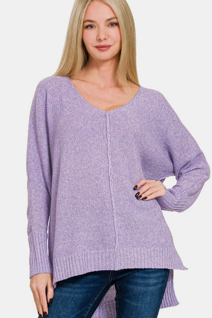 Zenana High-Low Center Seam V-Neck Sweater-Angel Casuals