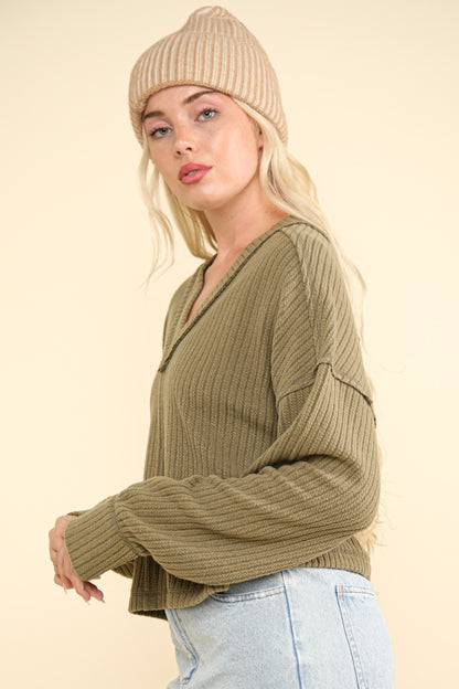 VERY J Exposed Seam V-Neck Ribbed Knit Top-Angel Casuals