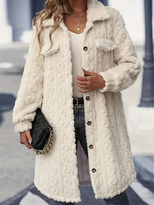 Fuzzy Button Up Long Sleeve Longline Coat-Angel Casuals