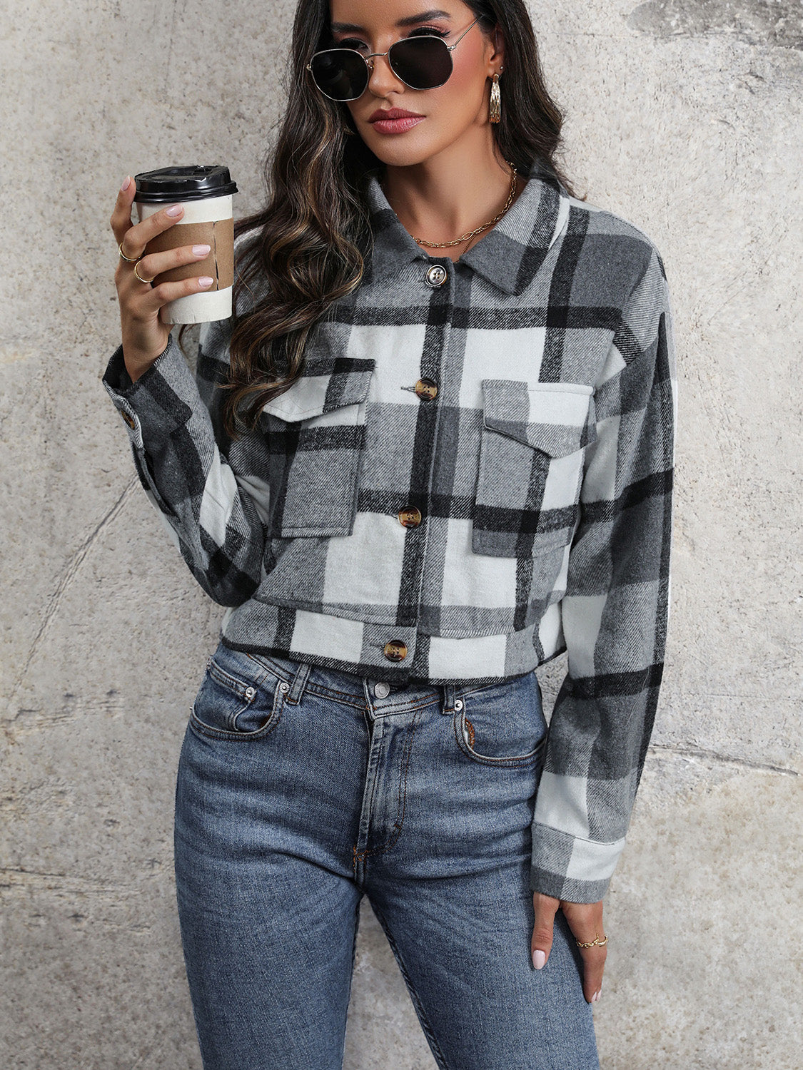 Perfee Plaid Button Up Drop Shoulder Cropped Jacket-Angel Casuals