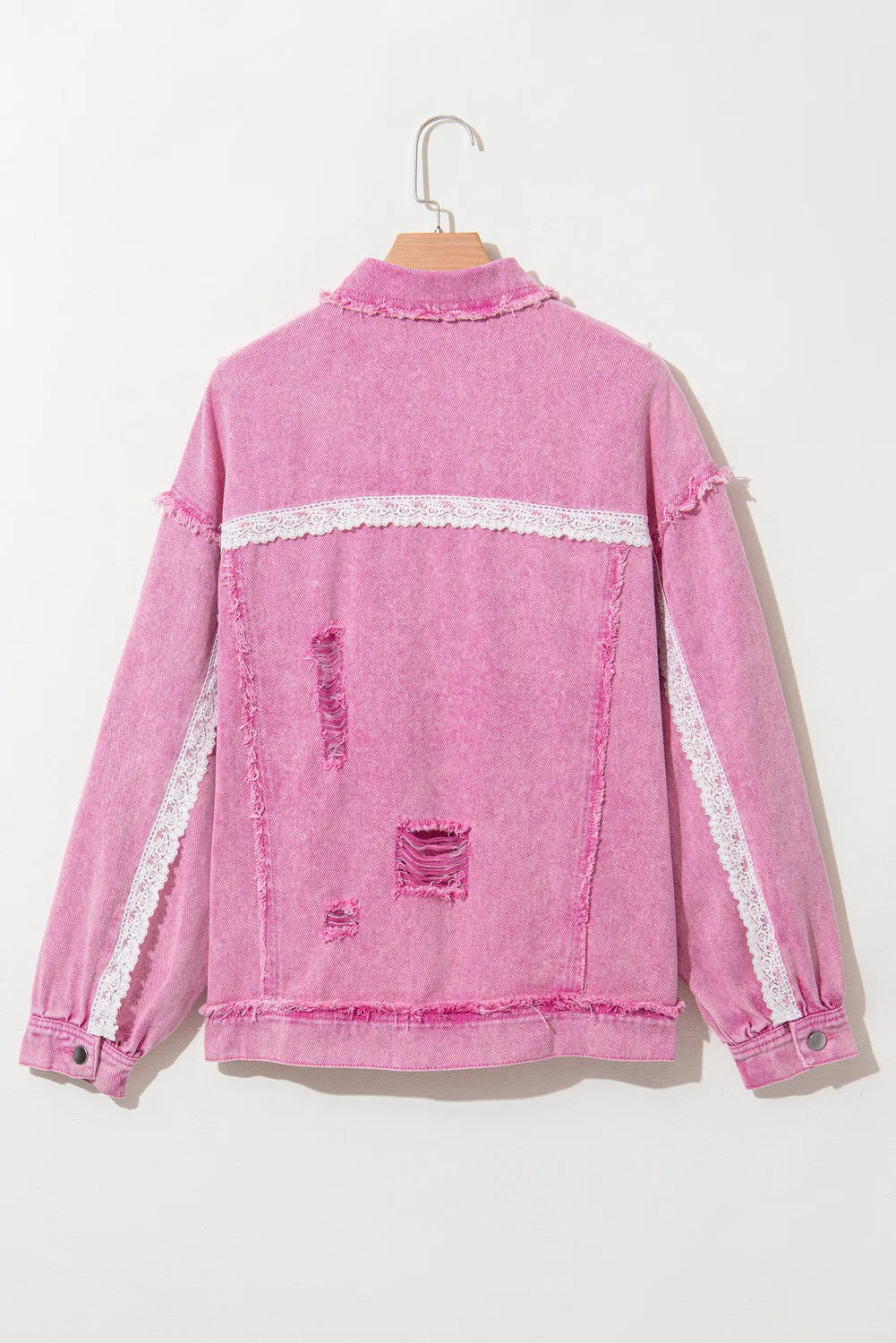 Lace Detail Distressed Raw Hem Long Sleeve Denim Jacket-Angel Casuals